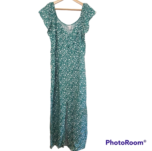 London Times Green Floral Button Front Ruffle Sleeve Maxi Dress Size 16 - Picture 1 of 12